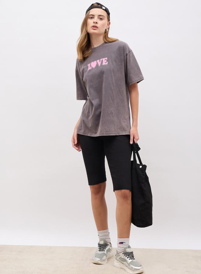 Styli Acid Wash Slogan Print Oversized T-Shirt - Image 1