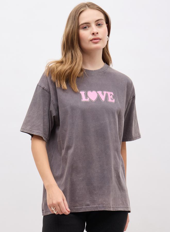 Styli Acid Wash Slogan Print Oversized T-Shirt - Image 2