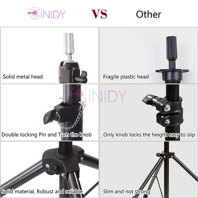CINIDY CINIDY Wig Stand Tripod Mannequin Head Stand Heavy Duty Metal Adjustable Wig Head Stand for Canvas Block Head Styling Making Wigs Displaying Cosmetology Hairdressing Training Manikin WS1 - Image 3