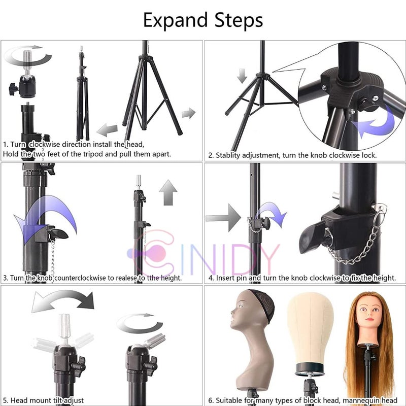 CINIDY CINIDY Wig Stand Tripod Mannequin Head Stand Heavy Duty Metal Adjustable Wig Head Stand for Canvas Block Head Styling Making Wigs Displaying Cosmetology Hairdressing Training Manikin WS1 - Image 4