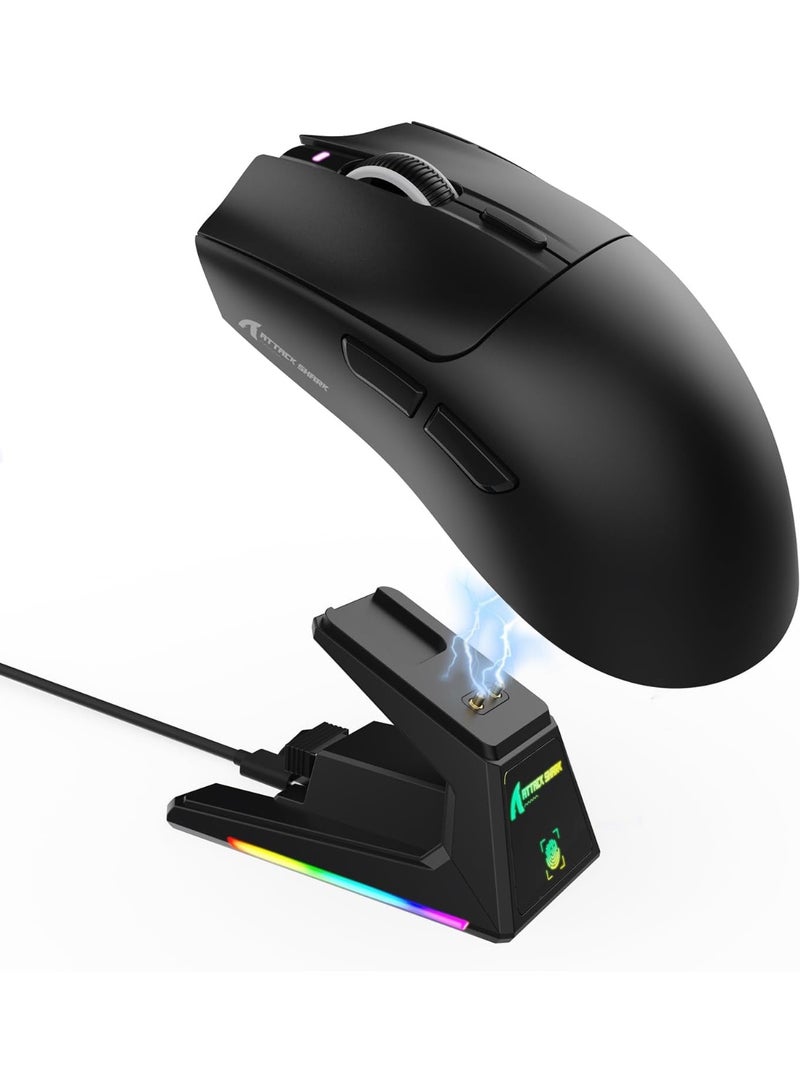 هجوم القرش ماوس ألعاب هجوم القرش X1 مع قاعدة شحن بإضاءة RGB ولوحة لمس مستشعر ألعاب بيكسارت PAW3395PRO ماوس لاسلكي/2.4G، 40000 DPI خفيف للغاية 53 جم لويندوز 11/اكس بوكس/بي اس/ماك مع شريط لاصق أسود - Image 1