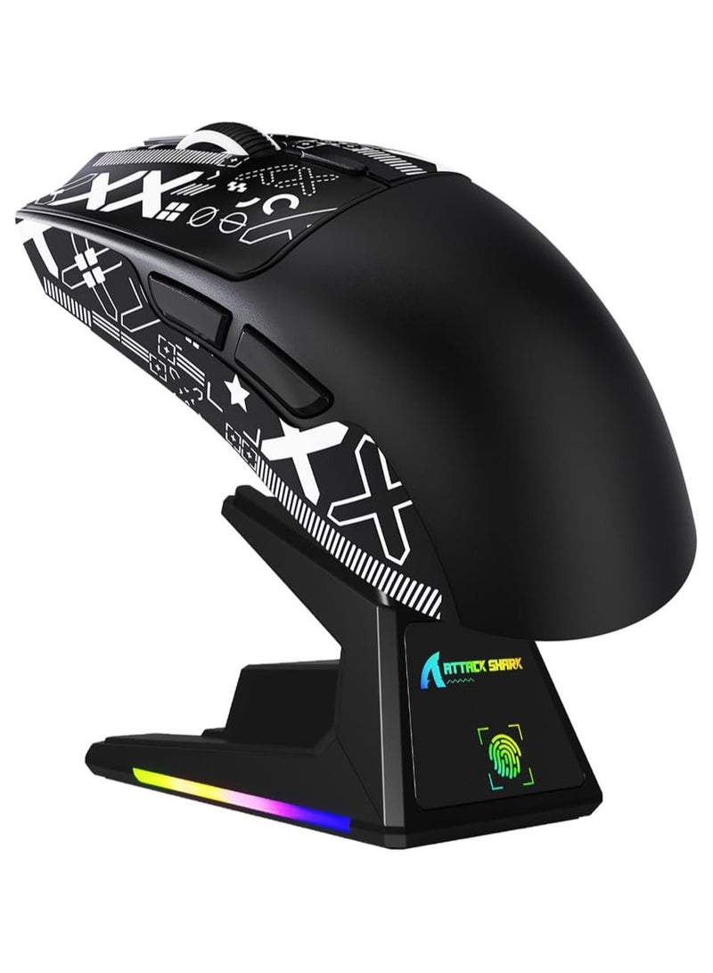 هجوم القرش ماوس ألعاب هجوم القرش X1 مع قاعدة شحن بإضاءة RGB ولوحة لمس مستشعر ألعاب بيكسارت PAW3395PRO ماوس لاسلكي/2.4G، 40000 DPI خفيف للغاية 53 جم لويندوز 11/اكس بوكس/بي اس/ماك مع شريط لاصق أسود - Image 2
