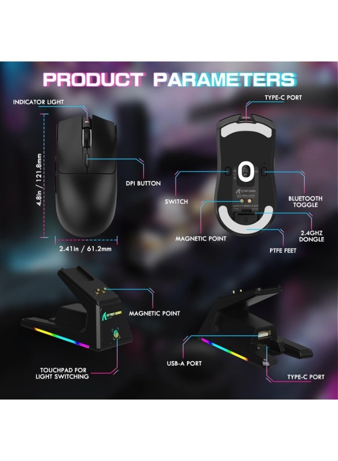 هجوم القرش ماوس ألعاب هجوم القرش X1 مع قاعدة شحن بإضاءة RGB ولوحة لمس مستشعر ألعاب بيكسارت PAW3395PRO ماوس لاسلكي/2.4G، 40000 DPI خفيف للغاية 53 جم لويندوز 11/اكس بوكس/بي اس/ماك مع شريط لاصق أسود - Image 3