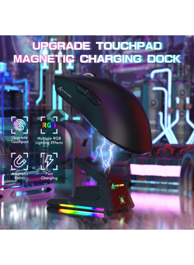 هجوم القرش ماوس ألعاب هجوم القرش X1 مع قاعدة شحن بإضاءة RGB ولوحة لمس مستشعر ألعاب بيكسارت PAW3395PRO ماوس لاسلكي/2.4G، 40000 DPI خفيف للغاية 53 جم لويندوز 11/اكس بوكس/بي اس/ماك مع شريط لاصق أسود - Image 4