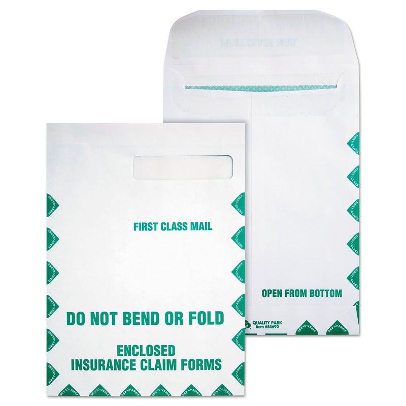 Quality Park Health Claim Insurance Envelopes with Security Tint and First Class Border for Medicare Form HCFA1508 and other Healthcare Forms 28 lb White Wove 100Box QUA54692