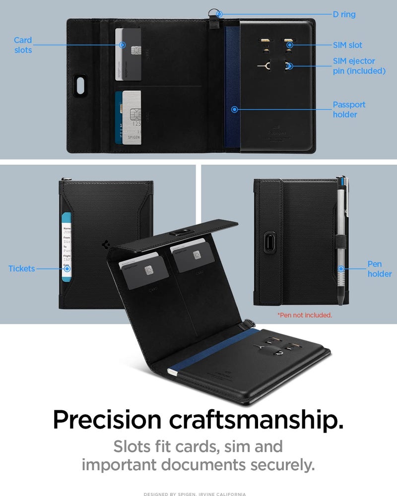 Spigen Life for Passport Card Cover Holder with RFID Blocking Technology Wallet Travel Documents Organizer Protector Accessories, SIM Card Pin Included - Black - Image 3