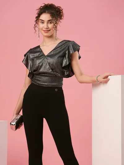 globus Women Black V-Neck Flutter Sleeve Opaque Wrap Top
