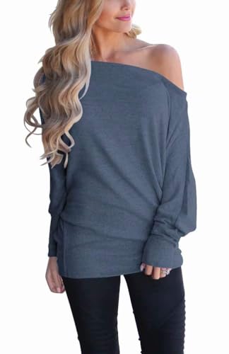 Lacozy Long Sleeve Oversized Shirts for Women Off The Shoulder Sweatshirt Loose Tunic Tops 2025 Grey Blue M - Image 1