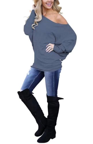 Lacozy Long Sleeve Oversized Shirts for Women Off The Shoulder Sweatshirt Loose Tunic Tops 2025 Grey Blue M - Image 2