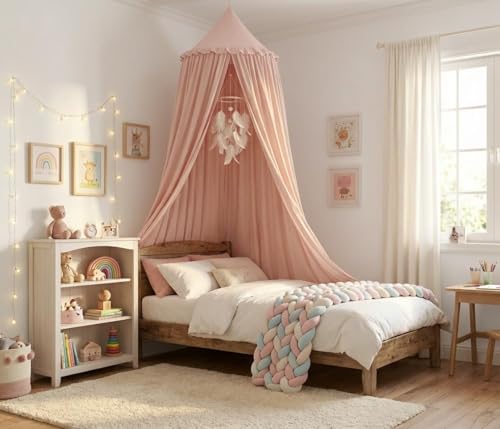 PlentiVive Bed Canopy for Girls, Princess Crib Canopy for Nursery, Dreamy Soft Hanging Canopy for Toddler Bed, Twin & Full Size, Kids Bed Canopy for Girls Room Decor & Reading Nook, Pink - Image 1