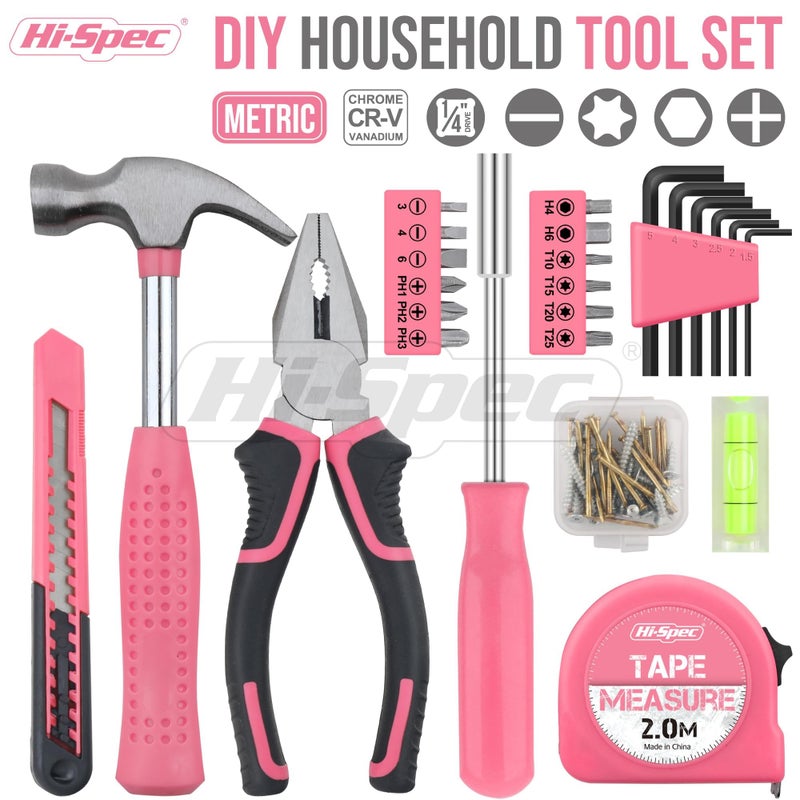 Hi-Spec Tool Set 25pc Pink Household DIY Tool Kit for Women. Small Mini Tool Box Set of Starter Basic Ladies Tools - Image 2