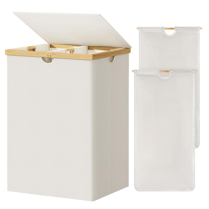 WOWLIVE 165L Double Laundry Hamper with Lid Bamboo Laundry Basket 2 Section,Large Dirty Clothes Hamper with Removable Bags, Laundry Bin Organizer Storage for Dorm,Bedroom,Bathroom,Beige - Image 1