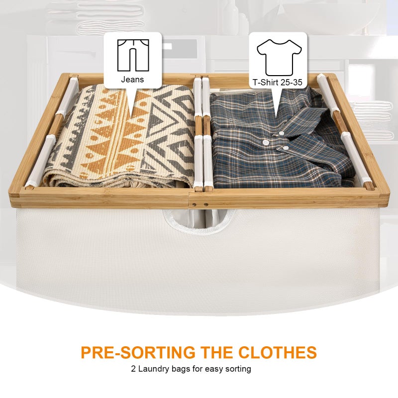 WOWLIVE 165L Double Laundry Hamper with Lid Bamboo Laundry Basket 2 Section,Large Dirty Clothes Hamper with Removable Bags, Laundry Bin Organizer Storage for Dorm,Bedroom,Bathroom,Beige - Image 4