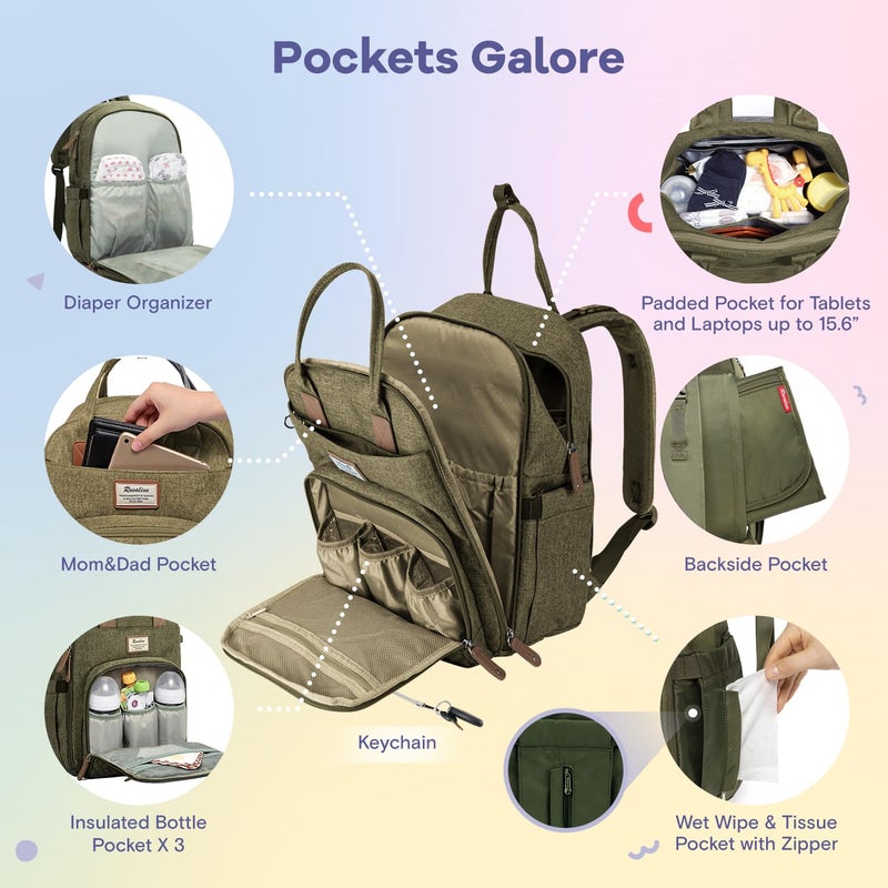 RUVALINO Diaper Bag Backpack, Multifunction Travel Pack Maternity Baby Changing Bags, Large Capacity, Waterproof, Olive Green - Image 3
