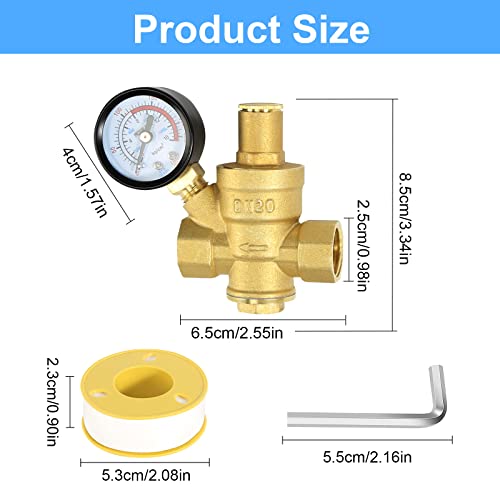 FASBET Water Pressure Regulator 3/4 inch with Gauge, Made of 100% High Hardness Brass, Adjustable Water Pressure Reducing Valve Water for Home DN20 - Image 2