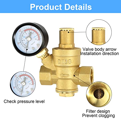 FASBET Water Pressure Regulator 3/4 inch with Gauge, Made of 100% High Hardness Brass, Adjustable Water Pressure Reducing Valve Water for Home DN20 - Image 3