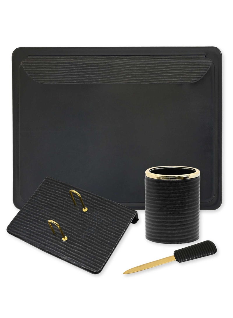 FIS 4 Pieces Desk Sets (Desk Blotter, Desk Calendar Stand, Letter Opener, Pen Holder) Colour Lizard Black - UADS081BK - Image 1