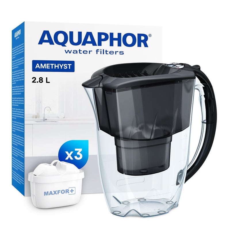 AQUAPHOR Water Filter Jug Amethyst with 3 X MAXFOR 200L Cartridge  Capacity 28L  Black