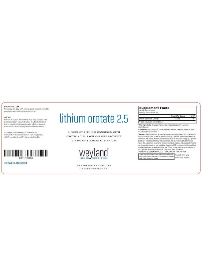 Weyland Brain Nutrition - Lithium Orotate 25Mg 1 Bottle 60 Vegetarian Capsules Lithium Supplement Supports Healthy Mood Behavior Memory And Wellness - Image 1
