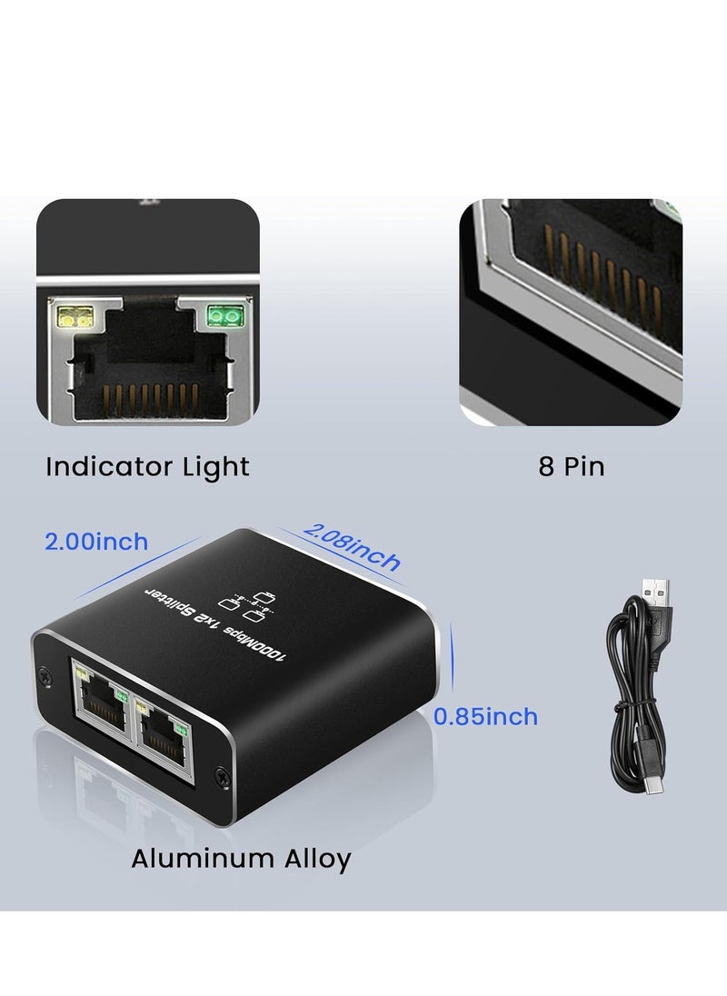 RJ45 1 to 2 Ethernet Splitter, 1000Mbps Network Splitter with USB Power Cable, Gigabit LAN Internet Splitter Connector for Cat 5/5e/6/7/8, Supports 2 Devices Working Simultaneously