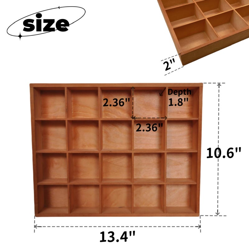 LONG TAO صندوق تقسيم خشبي LONG TAO 1 قطعة 13.4''x10.6''x2'' لعرض المنتجات وتنظيم التخزين مع 20 قسم لتخزين المنزل والحرف والمكتب والمطبخ (لون عتيق) - Image 2