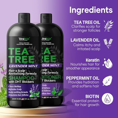 Vanidox Tea Tree Shampoo and Conditioner Set with Lavender and Mint | DHT Blockers | With 100% Pure Tea Tree Oil for Itchy, Dry Scalp | Sulfate & Paraben Free | For Men & Women | 16 fl oz Each - Image 4