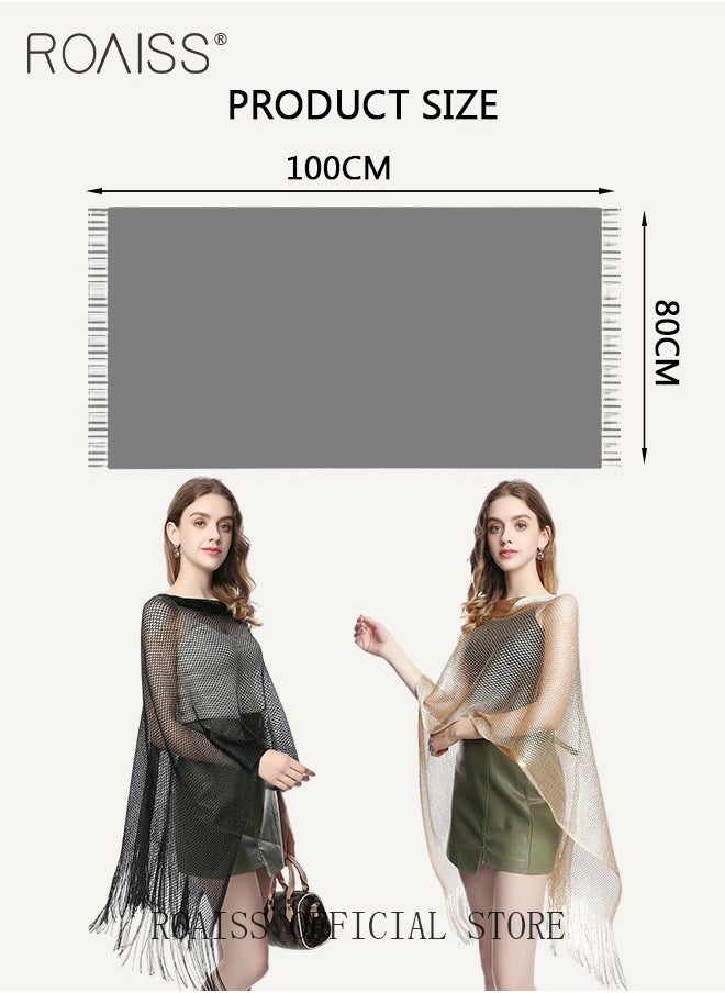 roaiss - 2 Pack Women Multifunctional Shawl Solid Color Mesh Hollow Out Fringe Design Ladies Pullover Shawl for Versatile Styling Personalized and Versatile Scarf Shawl Combo - Image 1