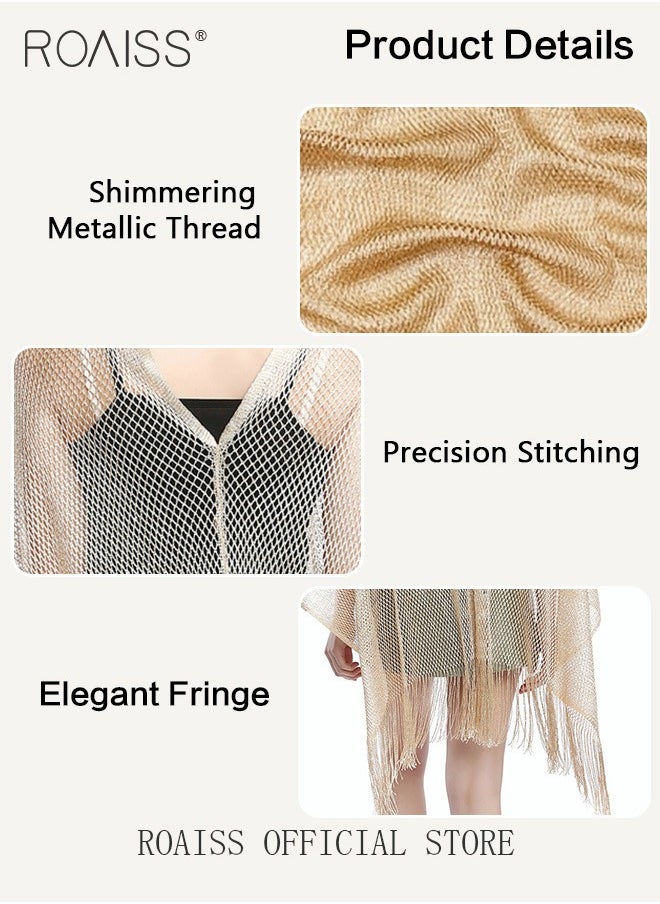 roaiss - 2 Pack Women Multifunctional Shawl Solid Color Mesh Hollow Out Fringe Design Ladies Pullover Shawl for Versatile Styling Personalized and Versatile Scarf Shawl Combo - Image 1