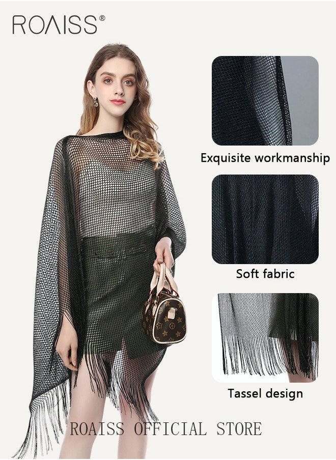 roaiss - 2 Pack Women Multifunctional Shawl Solid Color Mesh Hollow Out Fringe Design Ladies Pullover Shawl for Versatile Styling Personalized and Versatile Scarf Shawl Combo - Image 1