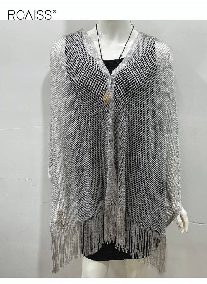 roaiss - 2 Pack Women Multifunctional Shawl Solid Color Mesh Hollow Out Fringe Design Ladies Pullover Shawl for Versatile Styling Personalized and Versatile Scarf Shawl Combo - Image 1