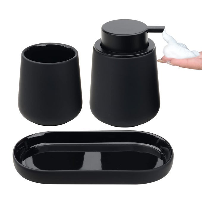 BLACK BATHROOM ACCESSORY SET 3 PCS CERAMIC BATHROOM SOAP DISPENSER SET FARMHOUSE BATHROOM COUNTER DECOR SET ACCESSORIES SOAP DISPENSER AND TOOTHBRUSH HOLDER TRAY LIQUID PUMP