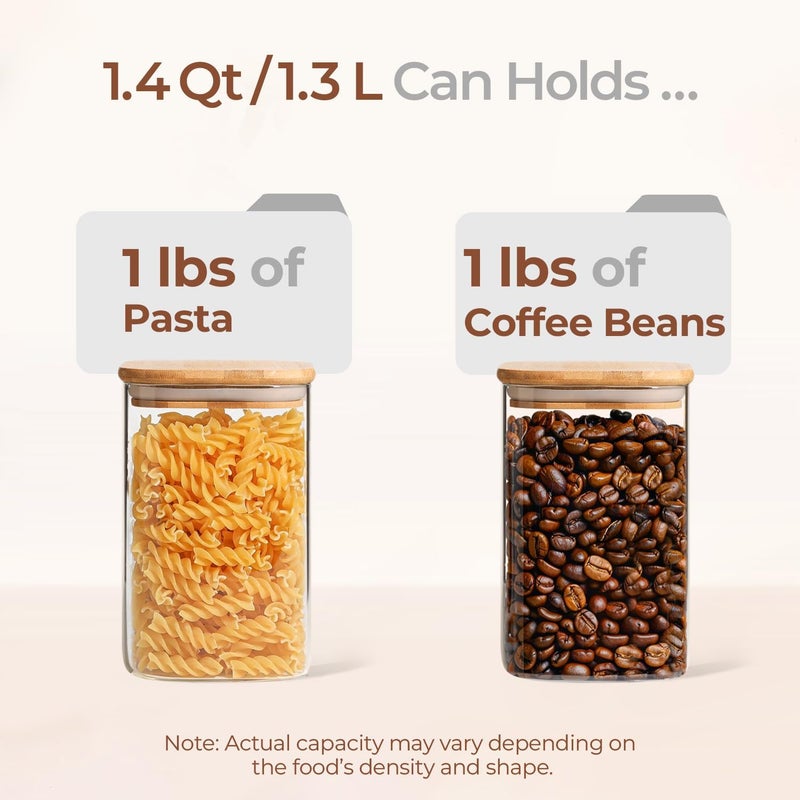 ComSaf 1.4 Qt Glass Storage Containers with Lids, Glass Jars with Lids, Clear Food Storage Jar, Square Canister Set of 3, Pantry Organizers and Storage for Flour Oat Pasta Tea Cookie Coffee Bean - Image 3