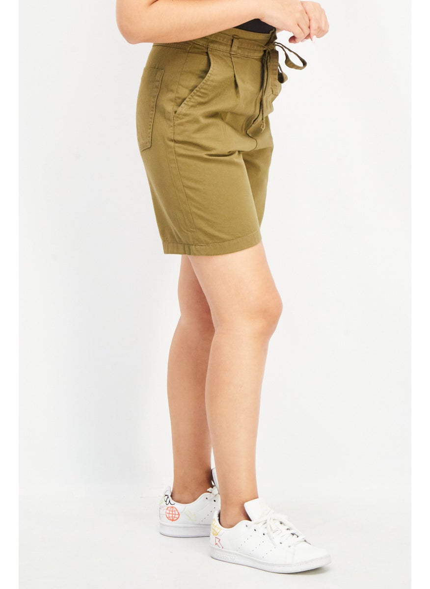EDC Women Solid Belted Denim Short, Olive  - Image 4