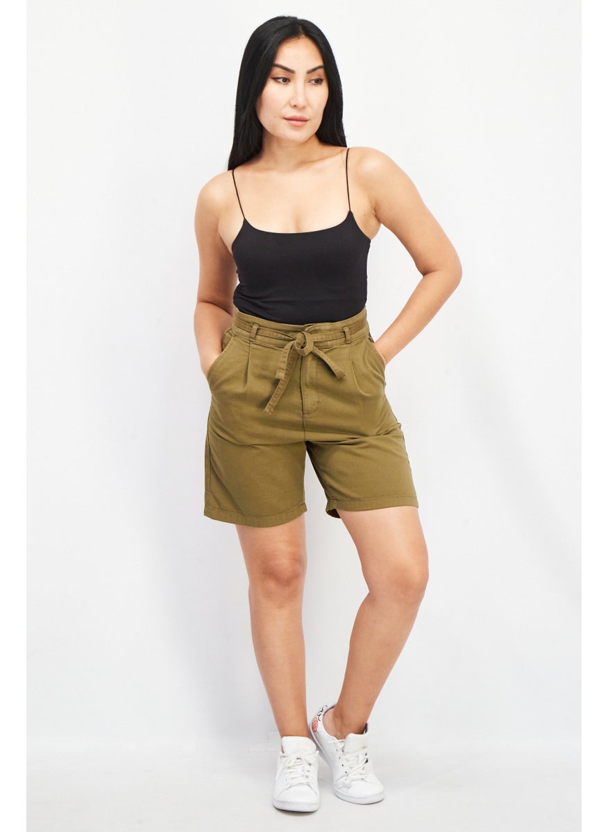 EDC Women Solid Belted Denim Short, Olive  - Image 2