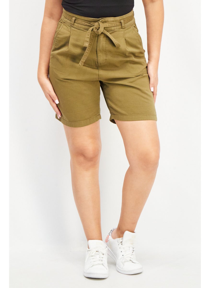 EDC Women Solid Belted Denim Short, Olive  - Image 1
