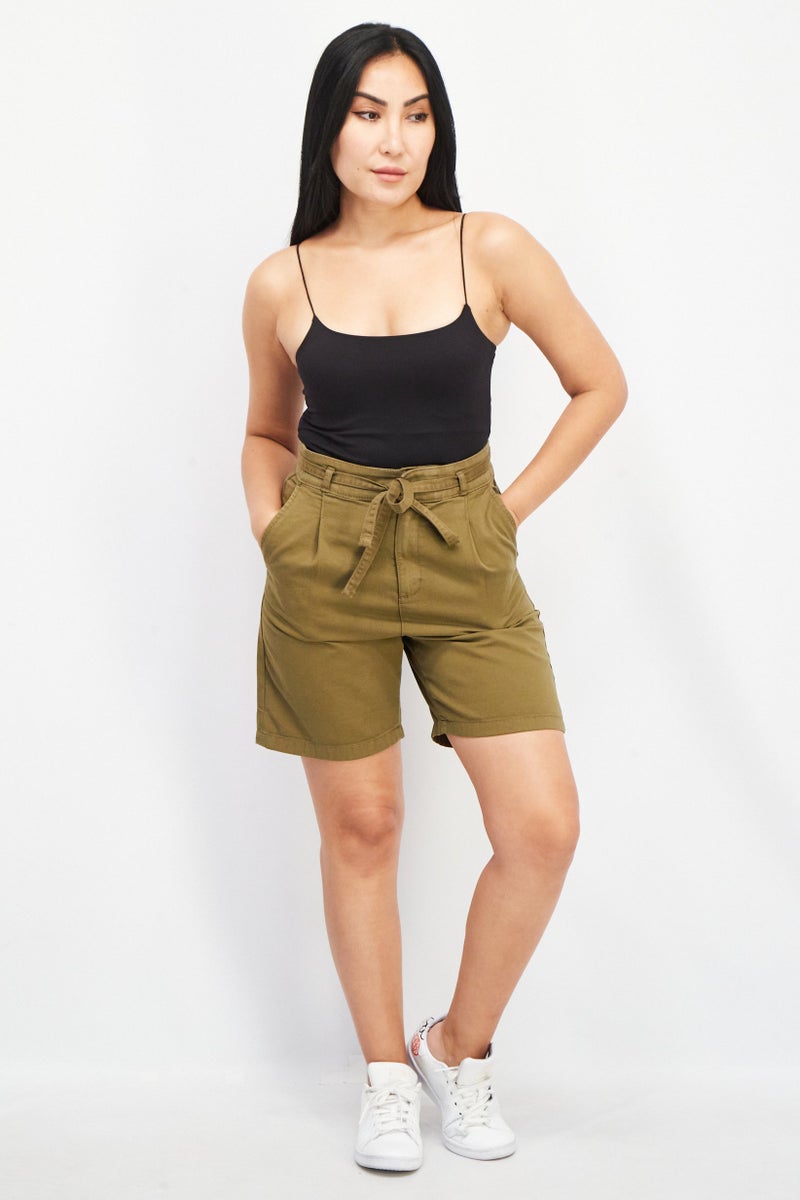 EDC Women Solid Belted Denim Shorts, Olive - Image 4