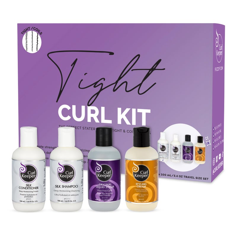 Curl Keeper Tight Curl Starter Kit for Coily Hair - Travel Size Set Includes Original Liquid Styler, Silk Shampoo, Silk Conditioner & Styling Cream - Maximum Definition & Shine with Zero Frizz - Image 1