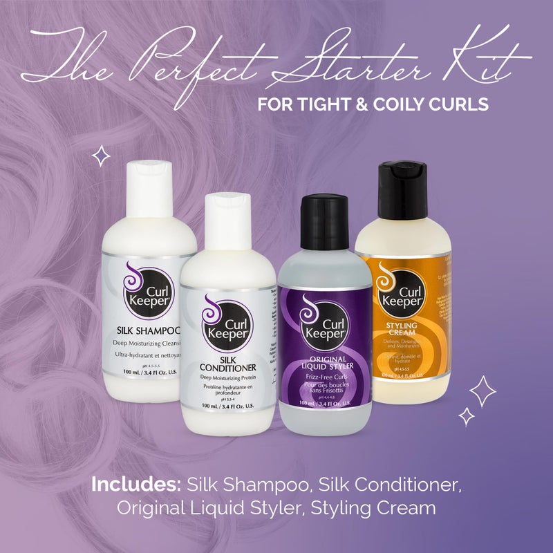 Curl Keeper Tight Curl Starter Kit for Coily Hair - Travel Size Set Includes Original Liquid Styler, Silk Shampoo, Silk Conditioner & Styling Cream - Maximum Definition & Shine with Zero Frizz - Image 2