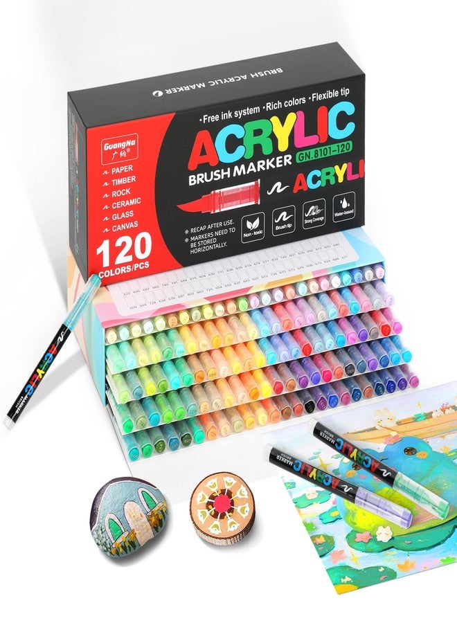 Pontuss 120 Colors Acrylic Paint Markers Brush Tip, Acrylic Paint Pens with Direct-Liquid Ink System, Paint Markers for Rock Painting, Fabric, Wood, Canvas, Plastic, Permanent,Washable,Quick-Drying,Waterproof - Image 1