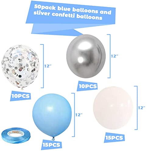 LAZYBEEE Blue balloons, 50pcs 12 inch Blue Silver Balloon Pastel Blue White balloons Blue Confetti balloons for birthday, wedding party decorations - Image 2
