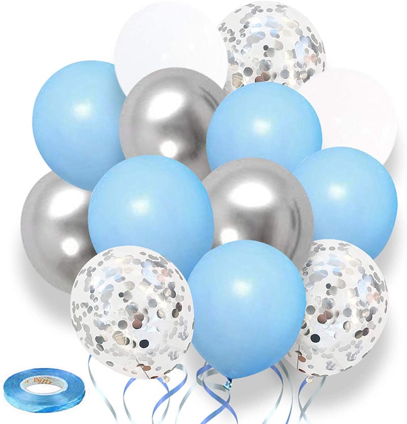 LAZYBEEE Blue balloons, 50pcs 12 inch Blue Silver Balloon Pastel Blue White balloons Blue Confetti balloons for birthday, wedding party decorations - Image 1