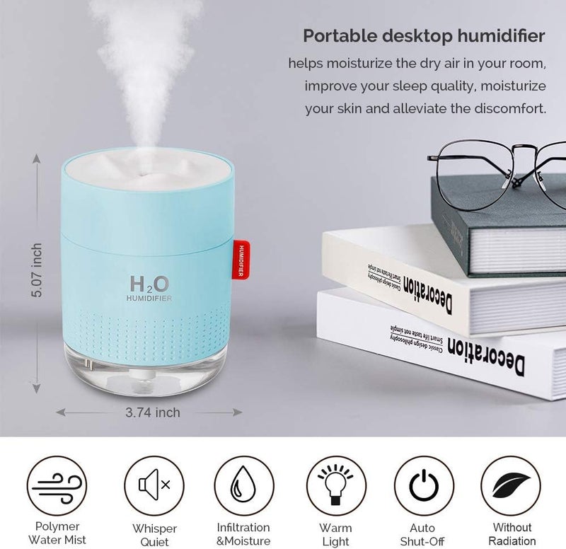 MOVTIP Portable Mini Cool Mist Humidifier, 500ml USB Personal Desktop Humidifier for Baby Bedroom Travel Office Home, Auto Shut-Off, 2 Mist Modes, Super Quiet, Blue - Image 2