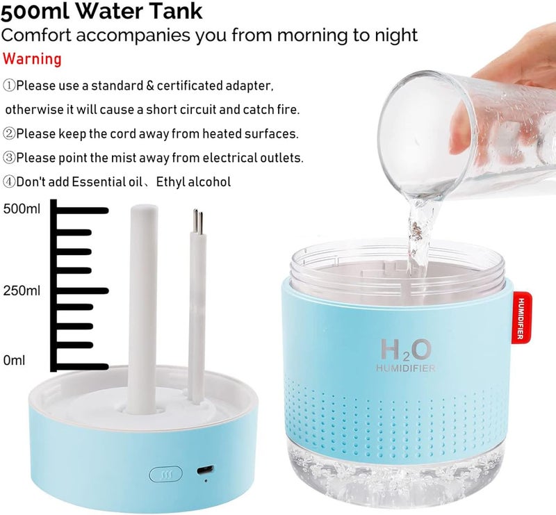 MOVTIP Portable Mini Cool Mist Humidifier, 500ml USB Personal Desktop Humidifier for Baby Bedroom Travel Office Home, Auto Shut-Off, 2 Mist Modes, Super Quiet, Blue - Image 5
