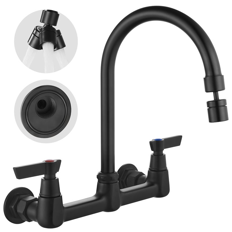 Airuida Wall Mount Kitchen Sink Faucet Wall Mounted Faucet 8 Inches Center Commercial Kink Tap 2 Handle Laundry Room Restaurant Compartment Sink Swivel Spout Without Adapters Matte Black