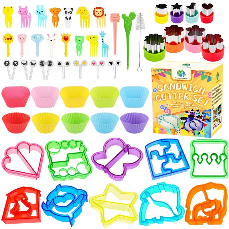 FUNGYAND Sandwich Cutter Set All in One Bento Box Complete Supplies and Accessories Kit Includes Sandwich Bread Cutters Fruit Cutter Animal Food Picks Silicone Cups