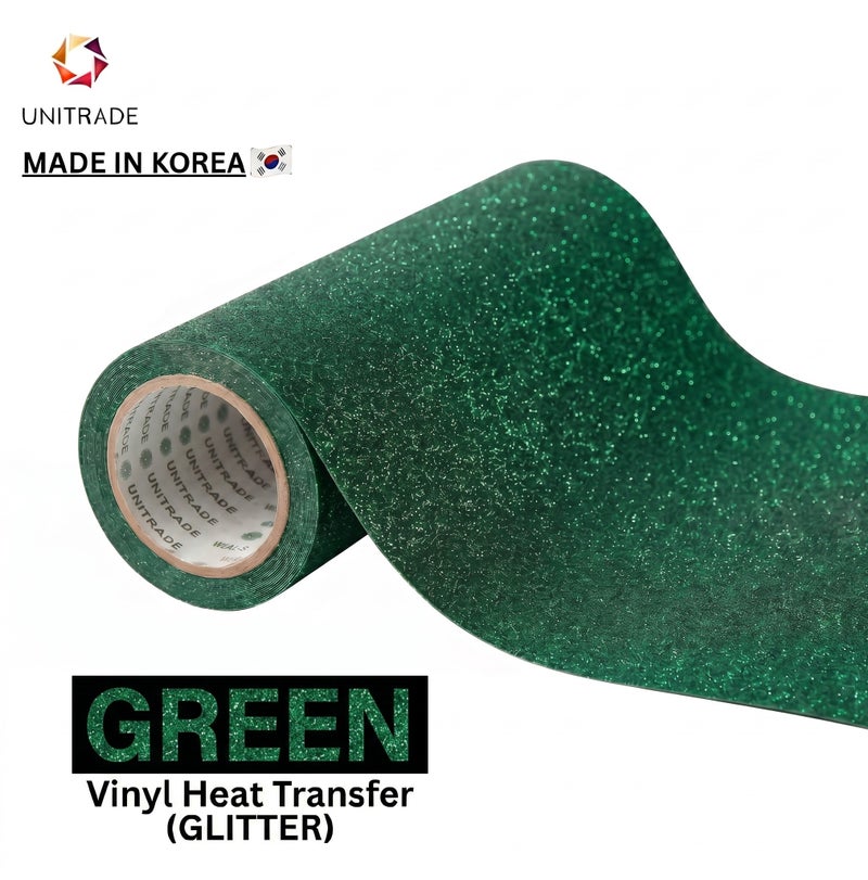 UNITRADE® Glitter Green Heat Transfer Vinyl Roll / Compatible with Cricut, Silhouette, Professional Cutters / CPSIA Certified / Made in Korea - Image 1