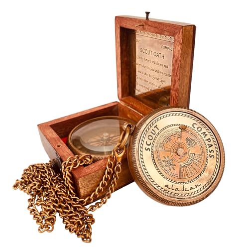 ALADEAN Gift for Scouts Memorial Boys & Men - Engraved Compass Scout Oath in Wood Box Scout Camping Compass Gift Orienteering Compass, Hiking Backpacking Compass Gift, 50 Year calander (#1 Scout Compass) - Image 1