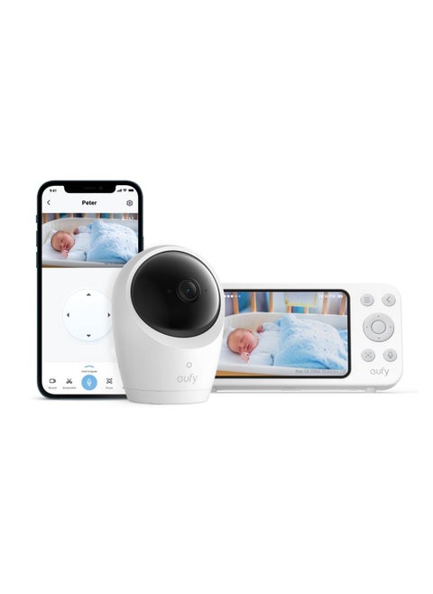 eufy Baby Monitor E20 with 2K Camera, Hybrid Wi-Fi and No Wi-Fi Connection, App and Monitor Control, Ultra-Clear Night View, Pan-Tilt, 4× Zoom, Portable Camera with Built-In Battery, ANR, Smart Alerts