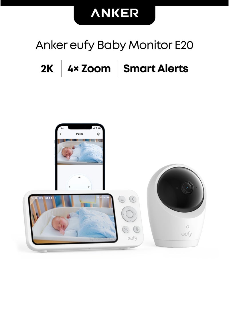 eufy Baby Monitor E20 with 2K Camera, Hybrid Wi-Fi and No Wi-Fi Connection, App and Monitor Control, Ultra-Clear Night View, Pan-Tilt, 4× Zoom, Portable Camera with Built-In Battery, ANR, Smart Alerts - Image 1