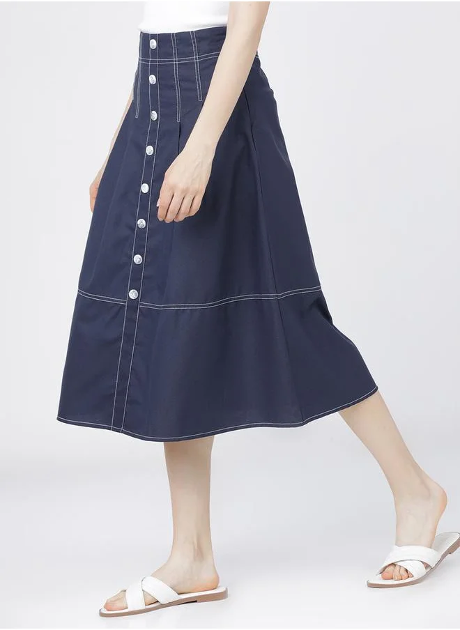 Tokyo Talkies High Rise A-Line Midi Skirts with Buttons Detail